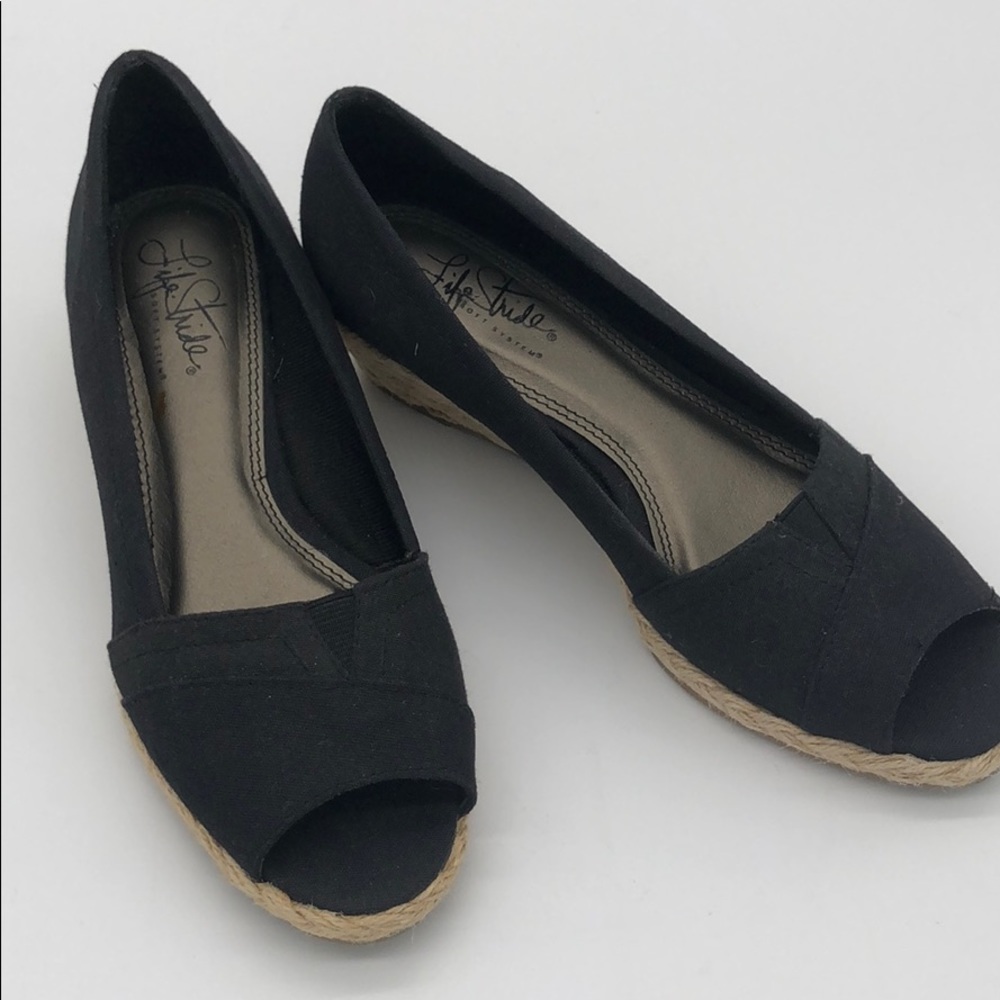 Black canvas low wedge heel